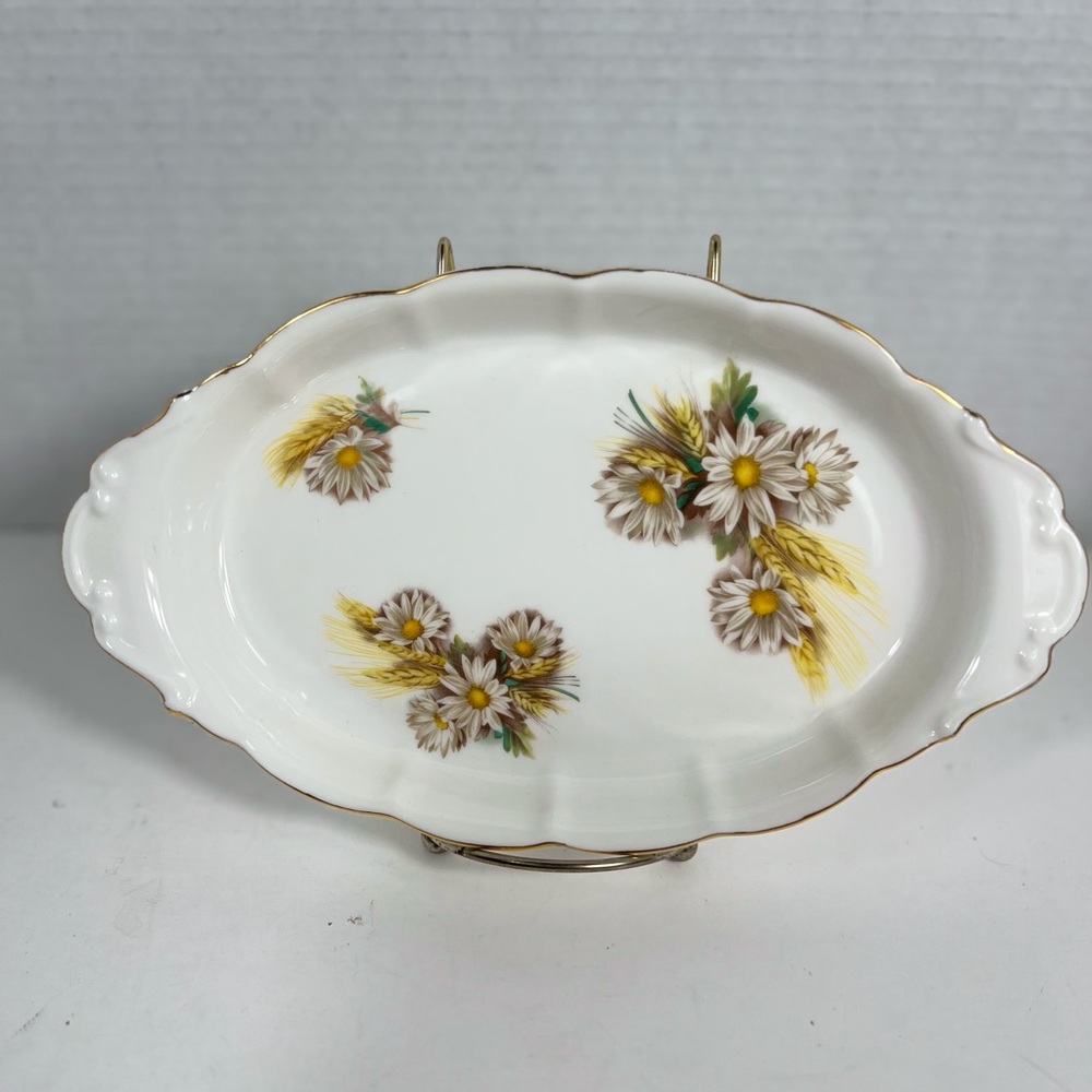 Royal Kent England Oval Serving Bowl Daisy Wheat Floral Gold Trim Vegetable Dish